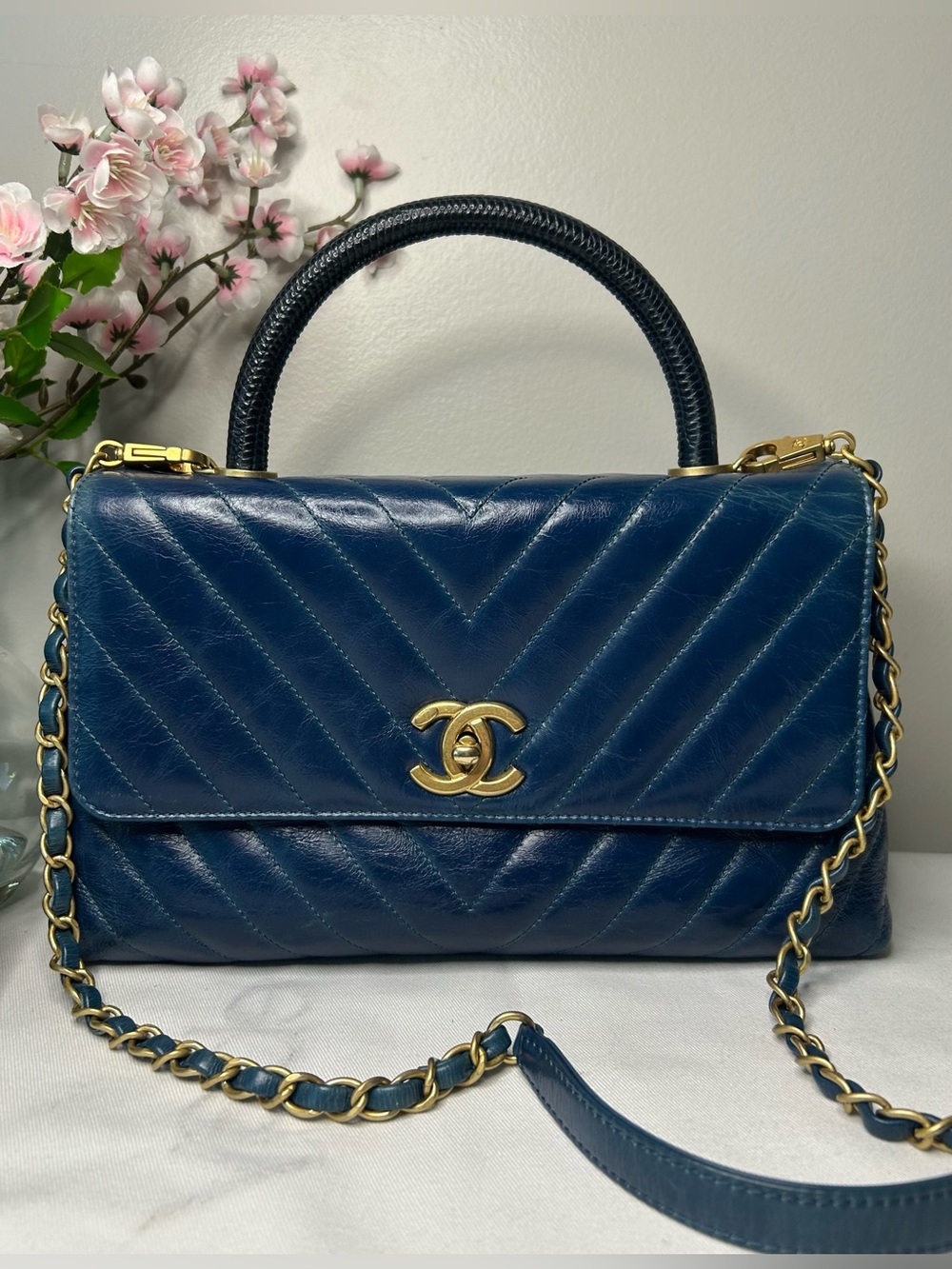 CHANEL Medium Coco Top Handle Bag Chevron Quilted Calfskin w/ Lizard Handle Blue